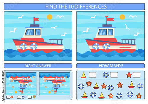 Difference game. Children funny riddle worksheet. Two different boat at sea in flat style. Game kids mathematical exercise. Vector illustration.