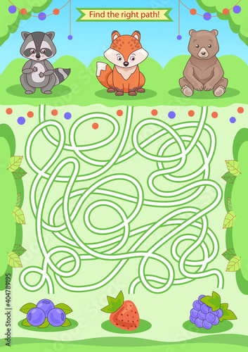 Children maze with a cute forest animals. Kids labyrinth game and activity page. Find the right path to berries. Funny riddle. Education developing worksheet. Vector illustration.