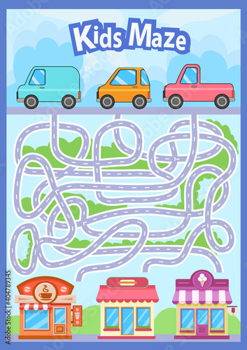 Children maze with cars and roads to shops. Kids labyrinth game and activity page. Find the right path. Funny riddle. Education developing worksheet. Vector illustration. © Betswork