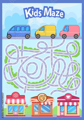 Activity page with children maze. Find the right path roads for cars to shops. Kids labyrinth game. Funny riddle. Education developing worksheet. Vector illustration.