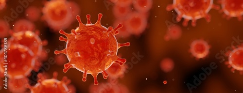 corona virus 2019-ncov flu outbreak  covid-19 3d banner illustration  microscopic view of floating influenza virus cells in red color 