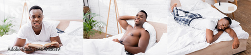 Collage of smiling african american man reading book and relaxing on bed, banner