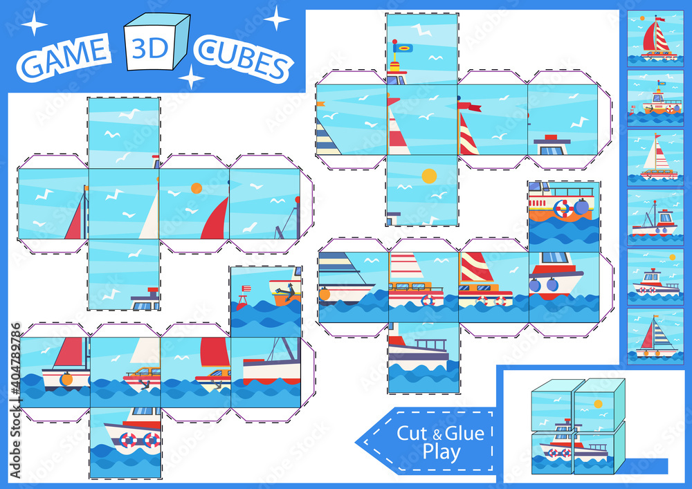 Vecteur Stock Kids paper craft. 3 d Cubes puzzle. Cut and glue cube with  cartoon sea boats. Children activities game. Find matching parts picture.  Kids activity page for book. Vector illustration.