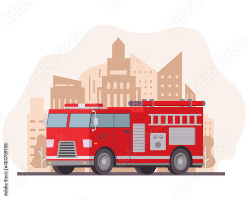 Fire engine.Emergency service red vehicle.Red fire truck with ladder.Rescue vehicle. Modern flat style illustration vector .