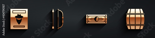 Set Wanted western poster, Bow and arrow in quiver, Stacks paper money cash and Wooden barrel icon with long shadow. Vector.