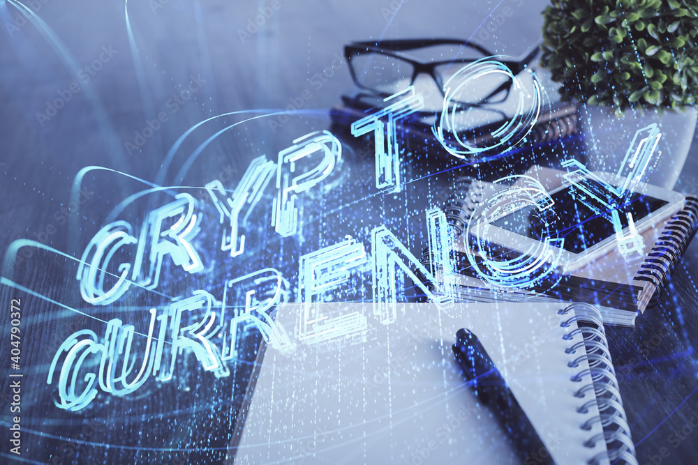 Double exposure of blockchain theme drawing and cell phone background. Concept of cryptomarket Double exposure of blockchain theme drawing and cell phone background. Concept of cryptomarket