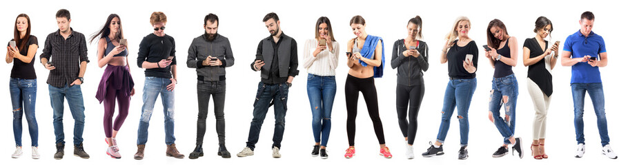 Group of casual people using cell phones full body isolated on white background. 