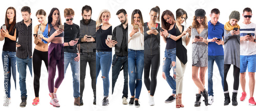 Collage of different happy casual people using cell phone full body isolated on white background.