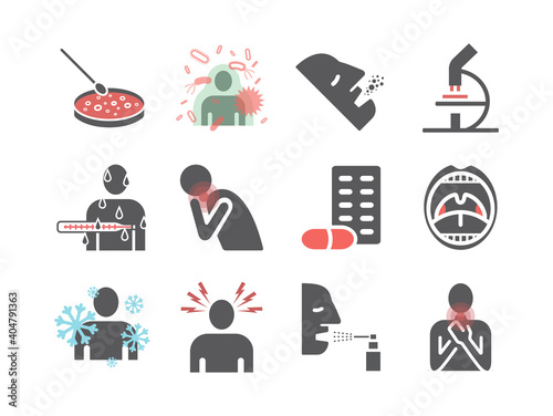 Tonsillitis. Symptoms, Treatment. Flat set. Vector signs for web graphics.