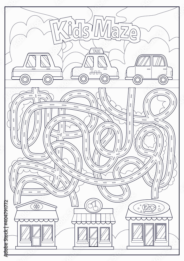 Children maze and coloring with cars and shops. Kids labyrinth game and activity page. Find the right path. Funny riddle. Education art worksheet. Vector illustration.
