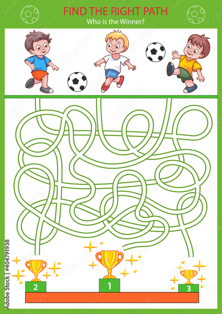 Children maze with soccer players. Kids labyrinth game and activity page. Find the right path to gate. Funny riddle. Education developing worksheet. Vector illustration.