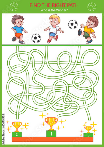 Children maze with soccer players. Kids labyrinth game and activity page. Find the right path to gate. Funny riddle. Education developing worksheet. Vector illustration.