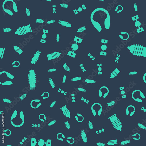 Set Silicone ball gag with belt, Dildo vibrator, Dildo vibrator and Condom safe sex on seamless pattern. Vector.
