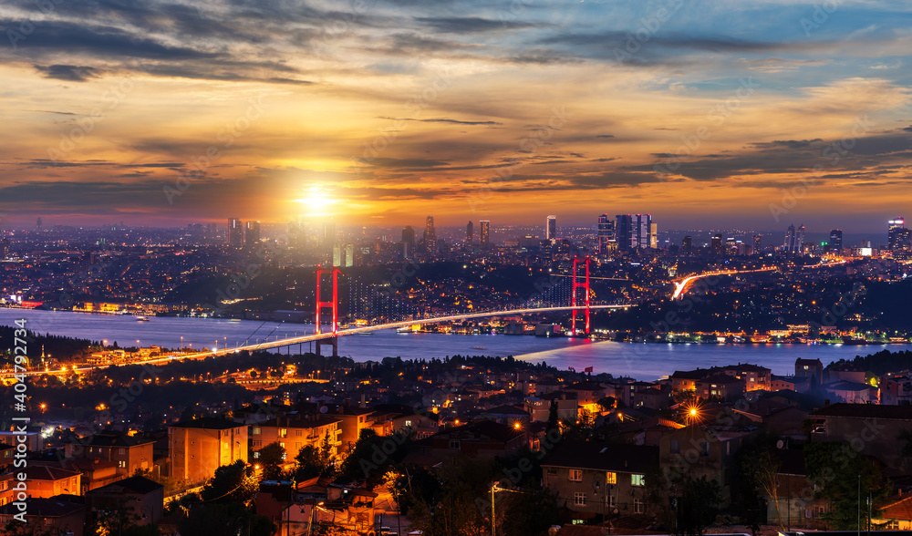 The Bosphorus bridge in Istanbul at sunset, Turkey