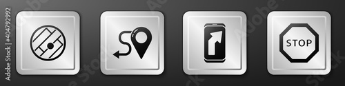 Set Folded map with location, Route location, City map navigation and Stop sign icon. Silver square button. Vector.
