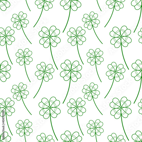 isolated vector seamless doodle pattern with green four leaf clover on a white background