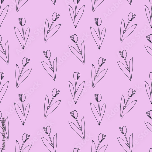 vector seamless doodle pattern with tulips on a pink background
