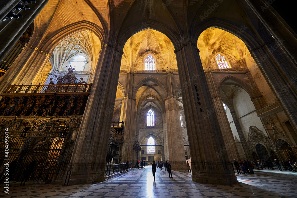 Interior view of the Cathedral of Seville, UNESCO World Heritage Site. Seville, Andalusia, Spain, Europe.
