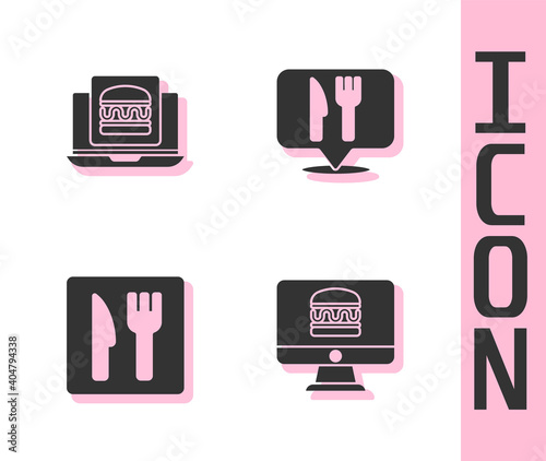Set Online ordering and delivery, burger, Cafe restaurant location and icon. Vector.