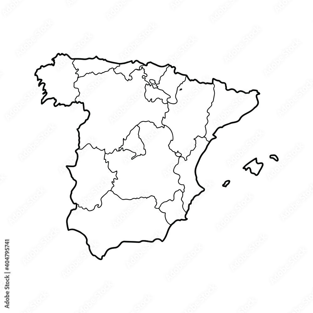Outline map of Spain with the provinces. White background. Vector map with contour.