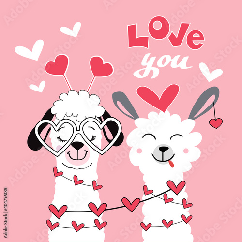 Cute lama with a heart. Couple for valentine's day. Inscription Love you on a pink background. Vector illustration of cartoon funny animals