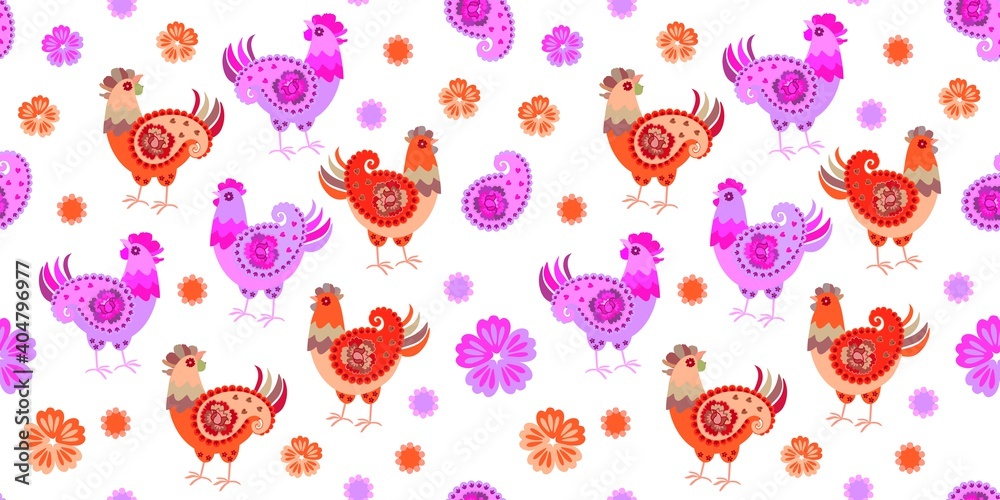 Seamless ornament with cute cartoon hens, paisley and flowers on a white background.