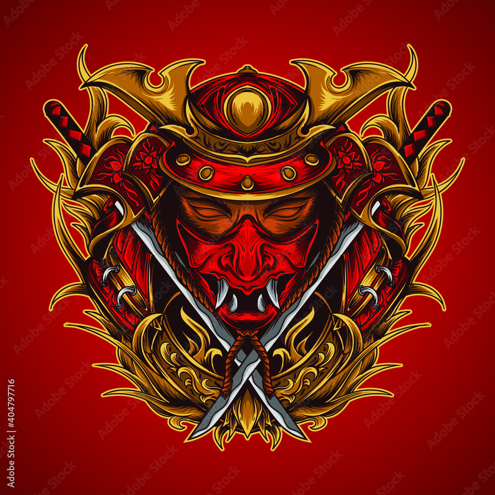 artwork  illustration and t-shirt design samurai head with katana premium vector