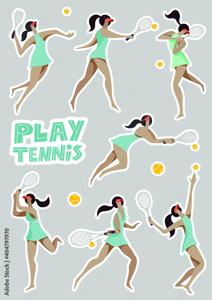 vector set of stickers consisting of stylized flat illustrations with young athletic girls in stylish outfits playing tennis on a white background. all elements are isolated. use for sticker printing