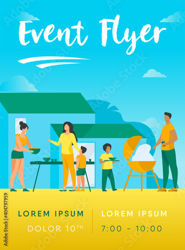 Family on BBQ party on backyard flat vector illustration. Happy characters cooking, chatting and eating together outside near house. Kids playing in garden. Barbecue and outdoor activity concept