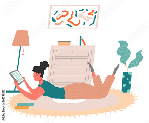 Brunette woman freelancer lying down on the floor at living room and reading news using the tablet. Concept of remote work from home. Flat design Illustration. Vector.
