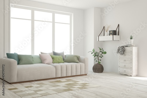 White living room with sofa. Scandinavian interior design. 3D illustration