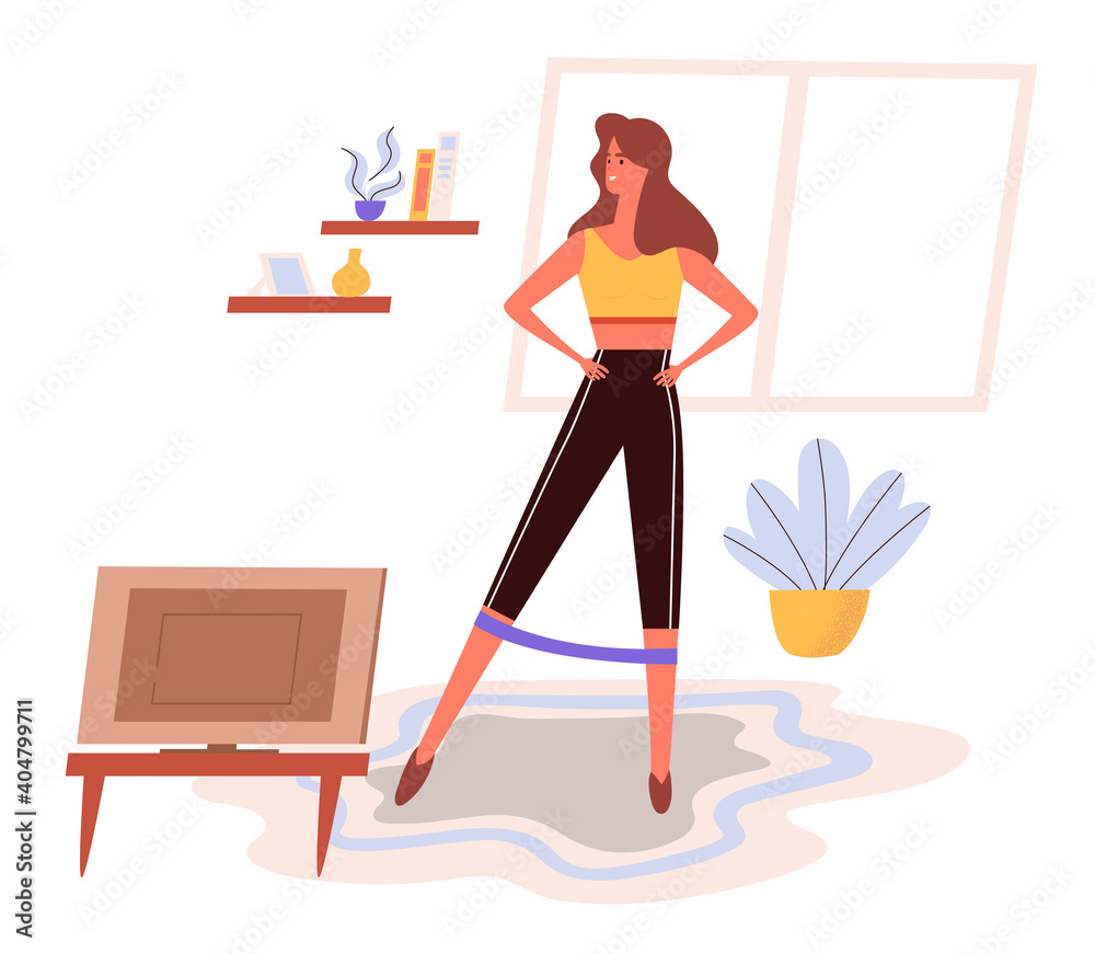 Morning activity for healthy lifestyle. A happy woman doing home training exercises. Flat design Illustration. Vector.
