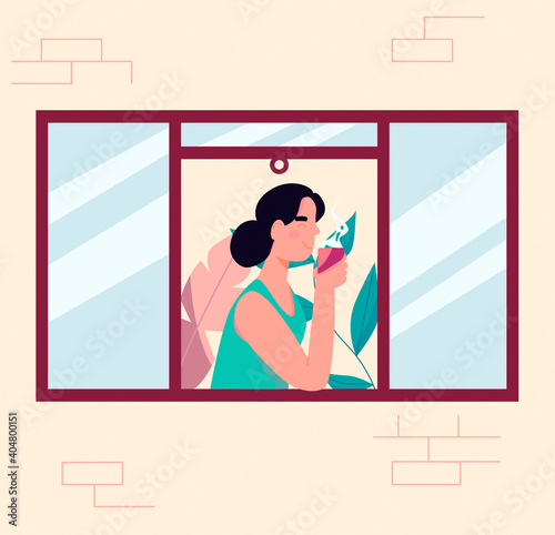Young thoughtful woman drinking tea or coffee at home. Thinking, meditating concept. Plants on background. Bricks wall on foreground. Flat design Illustration. Vector.
