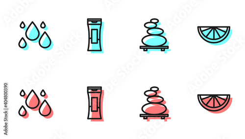 Set line Stack hot stones, Water drop, Bottle of shampoo and Citrus fruit icon. Vector.