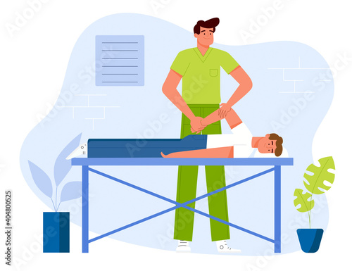 A physiotherapist doing a therapeutic massage to a patient lying on a table in a clinic. Flat design Illustration. Vector.