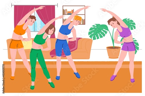 Group of young girls doing sports physical exercises, home workouts and fitness at home during quarantine and lead healthy lifestyle. Flat vector illustration. Women using the house as a gym.
