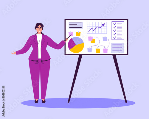 A businesswoman presents a new strategy of business development model to achieve exceptional results and goals. Flat design Illustration. Vector.