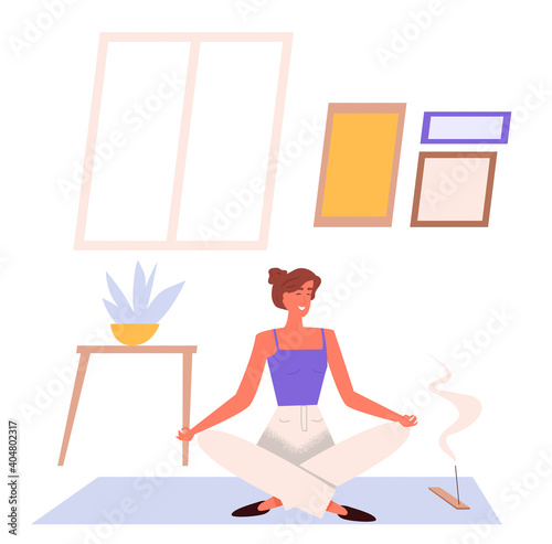 Young woman practising yoga at home doing lotus pose to meditate fro health care and general relaxation. Flat design Illustration. Vector.