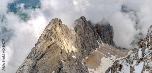 Beautiful mountain peaks among clouds, Waxenstein in Garmisch - Partenkirchen, Germany