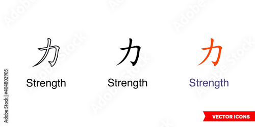 Chinese symbol tattoo bracelet strength icon of 3 types color, black and white, outline. Isolated vector sign symbol.