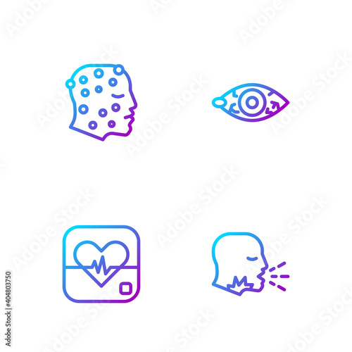 Set line Man coughing, Heart rate, Psoriasis or eczema rash and Reddish eye. Gradient color icons. Vector.