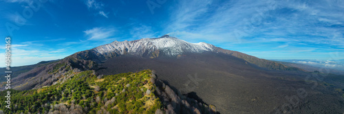 Panoramic view in virtual reality at 180 degrees of the Etna volcano with its lava flows and the Bove valley in autumn. Sicily Italy.