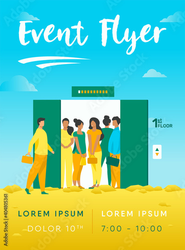 Man coming into overcrowded elevator cabin. Building hall, open doors flat vector illustration. Crowd, people in public place, social distance concept for banner, website design or landing web page