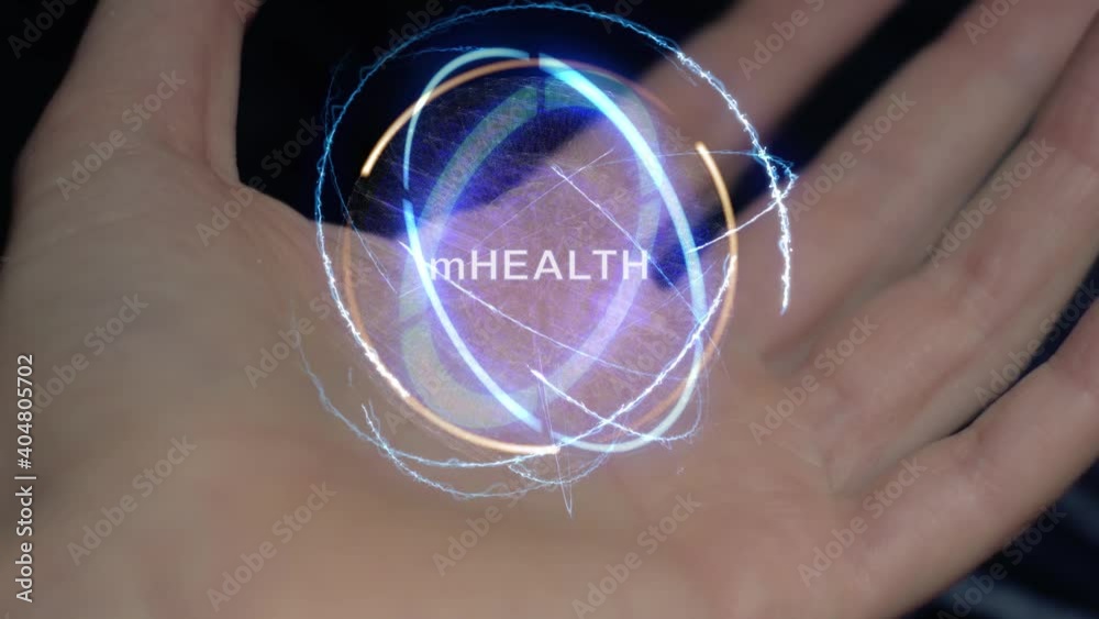 mHEALTH text in a round conceptual hologram on a female hand. Close-up of a hand on a black background with future holographic technology mHEALTH text in a round conceptual hologram on a female hand. Close-up of a hand on a black background with future holographic technology