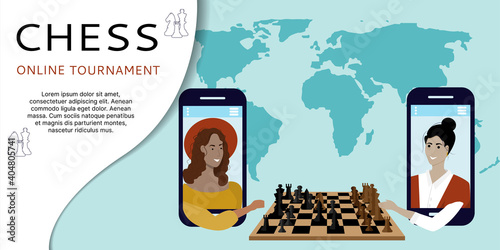 Concept of online chess tournament, online game. Women from smartphones play a strategy game on the background of the world map. Place for your text. Flat vector illustration