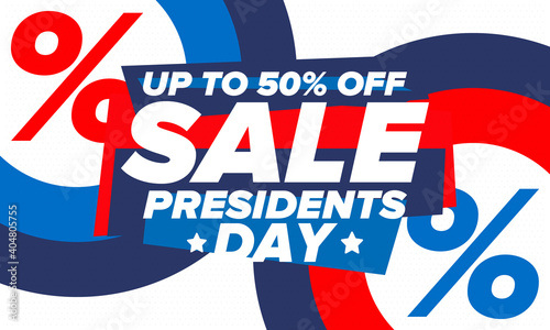 Sale banner for Presidents Day. Special offer template. Holiday shopping in United States. Super season deal. 50% off. Discount badge. Creative advertisement patriotic american poster
