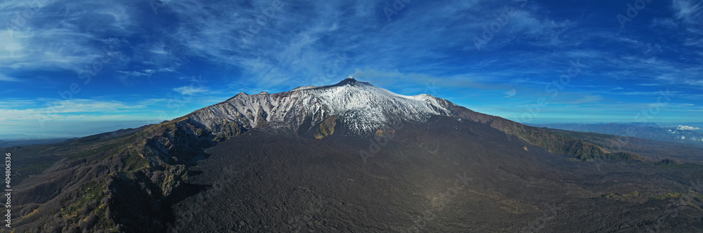 Panoramic view in virtual reality at 180 degrees of the Etna volcano with its lava flows and the Bove valley in autumn. Sicily Italy.