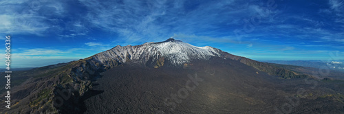 Panoramic view in virtual reality at 180 degrees of the Etna volcano with its lava flows and the Bove valley in autumn. Sicily Italy.