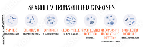 Sexually transmitted diseases. Bacterial infection. Syphilis, Gonorrhea, Chancroid, Ulcus molle, Granuloma inguinale, Ureaplasma and Mycoplasma infections. Gynecology, urology. Vector flat cartoon art