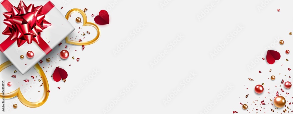 horizontal background for congratulations on valentine's day. Greeting card with gift and red ribbon, gold hearts and shiny candy scattered on a white background.Happy Valentine's Day promotion banner horizontal background for congratulations on valentine's day. Greeting card with gift and red ribbon, gold hearts and shiny candy scattered on a white background.Happy Valentine's Day promotion banner